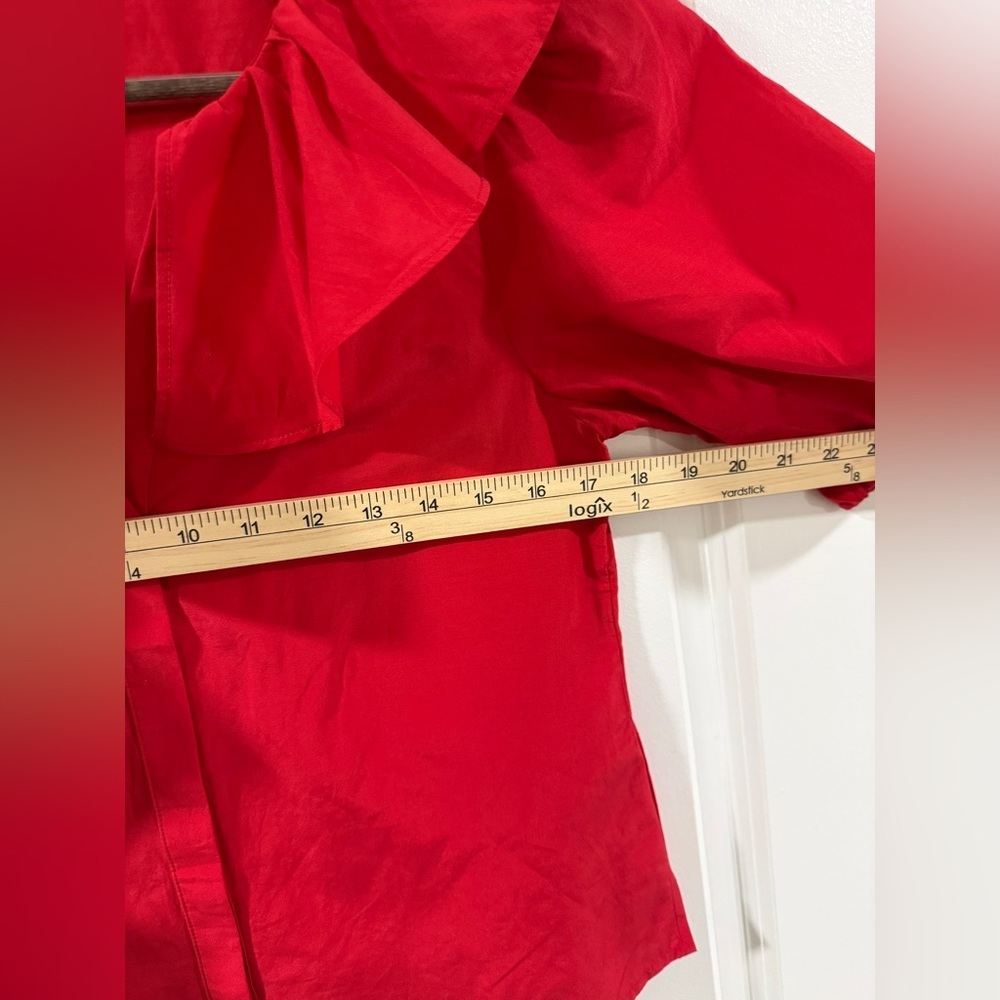 Madewell Ruffled Y-Neck Cotton-Silk Top Festival Red XS Puff Sleeve NWT - Picture 8 of 11